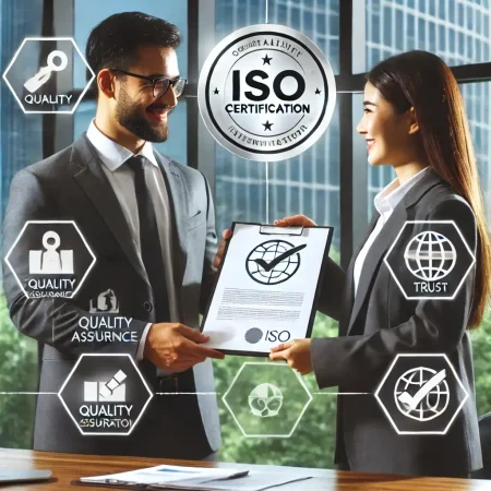 DALL·E 2025-03-23 16.04.43 - A professional consultant presenting an 'ISO Certification' document to a business owner in a corporate office. The background includes quality assura